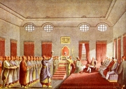 The reception of the English Ambassador to the Porte, Sir Robert Ainslie, by Alexandru Vodă Moruzzi of Wallachia (1794) at the Prince’s Palace in Bucharest (engraving by Luigi Mayer, from the album ‘Views of the Ottoman Empire’, p.19 (BAR, the Engravings Department, cota Dr GE 18 Watts W.1)